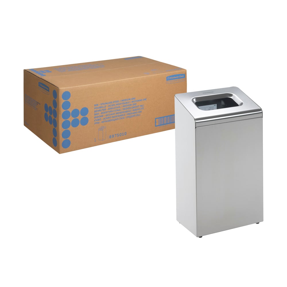 Der Kimberly-Clark Professional™ Abfallbehälter aus Metall/Edelstahl (Mittel, 1 Bin) von Kimberly-Clark GmbH steht mit quadratischer Öffnung neben einem großen braunen Versandkarton mit blauen Markierungen - ideal für das Büro.