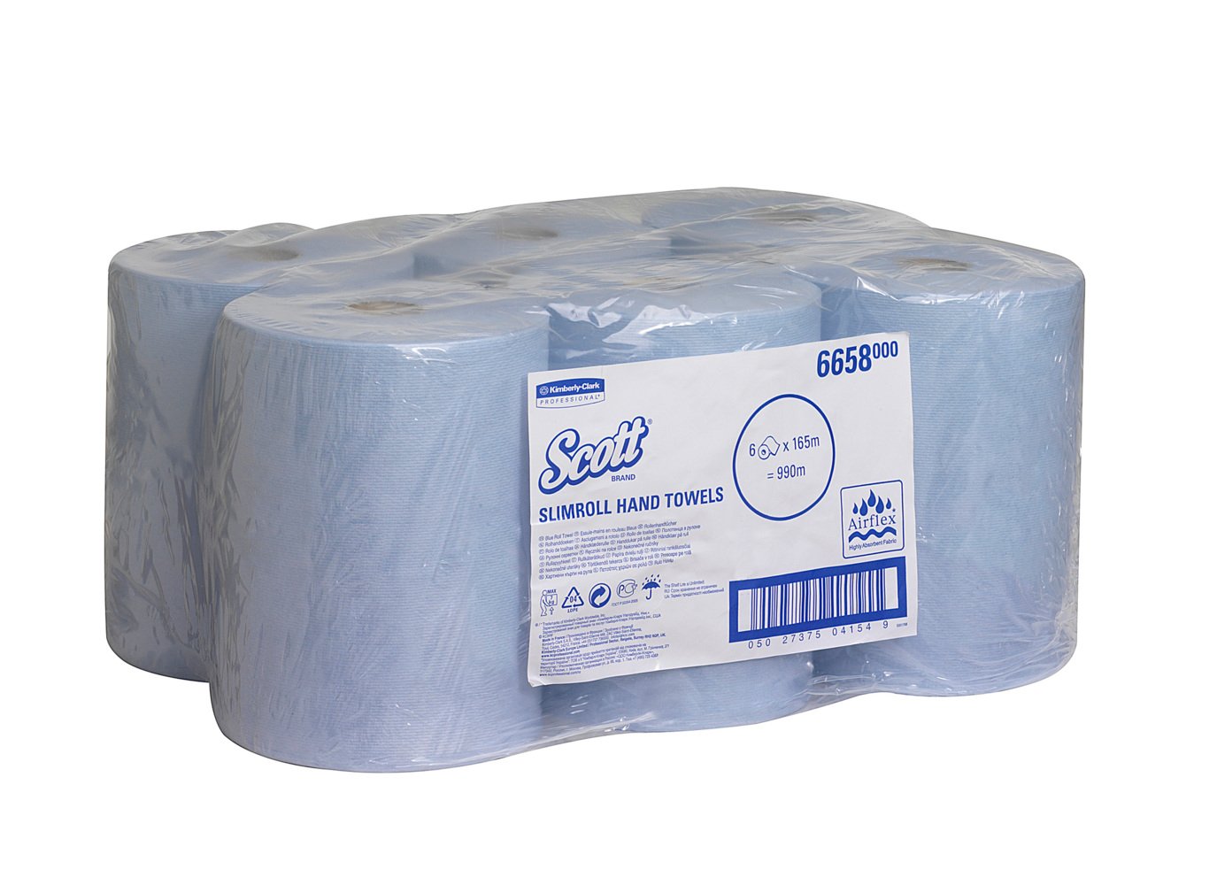 Eine Packung mit sechs Scott® Slimroll™ Handtüchern von Kimberly-Clark GmbH, platzsparende blaue Rollen in klarer Kunststoffhülle mit sichtbarem Produktetikett und Barcode auf der Vorderseite.