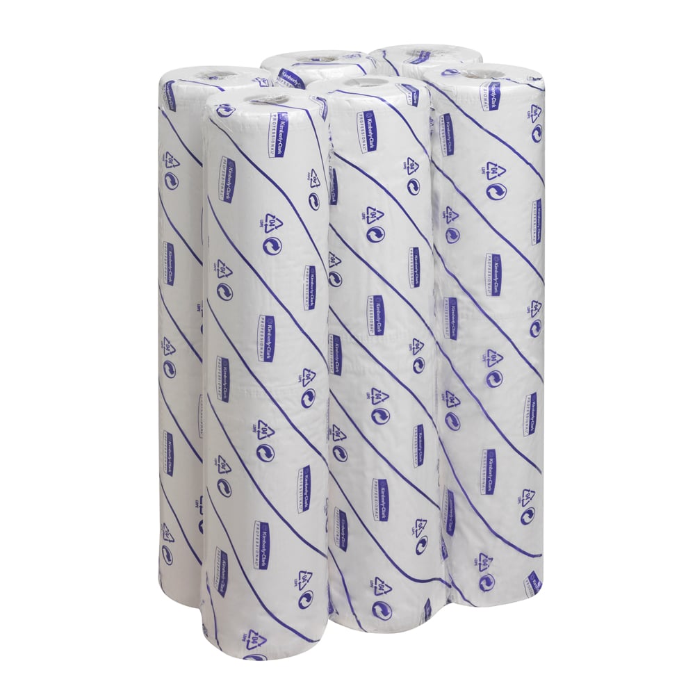 Sechs Scott® EXTRA Ärzterollen von Kimberly-Clark GmbH, einzeln in weißer Verpackung mit blauer Schrift und Symbolen, stehen gruppiert auf weißem Hintergrund - perfekt für den medizinischen Einsatz.