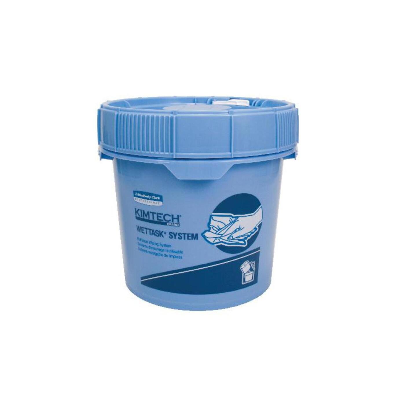 Ein großer blauer Kimtech® Wettask™ Rollen Wischtuch Spendereimer aus Kunststoff von Kimberly-Clark GmbH mit einem Deckel und einer illustrierten Anleitung, die zeigt, wie man Tücher zum Reinigen von Oberflächen mit den Händen zieht. Die Packung enthält 2 Eimer.