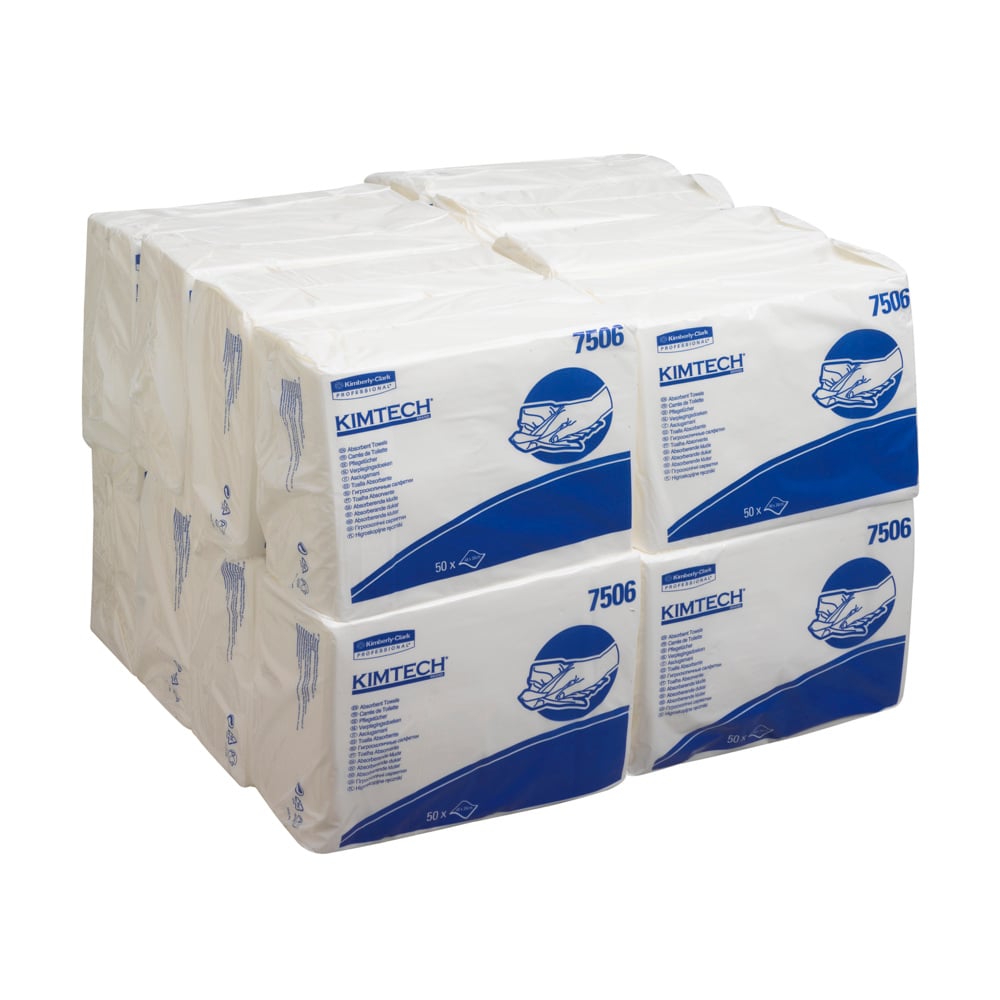 Ein Stapel Kimtech® Saugfähige Pflegetücher - Z gefaltet / Weiß von Kimberly-Clark GmbH, jede Packung in klarem Kunststoff mit blauer und weißer Beschriftung, Produktinformationen, Details zur Z-Faltung und einer Illustration für den professionellen Einsatz. 16 Beutel x 50 Blatt pro Karton.