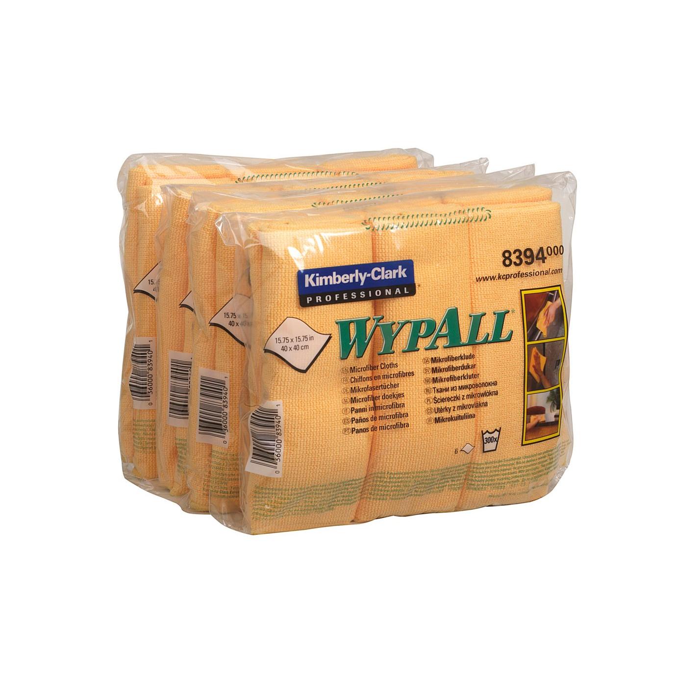 Abgebildet ist eine in Kunststoff verpackte Packung WypAll® Mikrofasertücher - flaches Tuch (40 x 40 cm) der Kimberly-Clark GmbH mit drei gelben Stoffverpackungen, auf deren Vorderseite sichtbare Produktangaben und Hinweise zu finden sind.