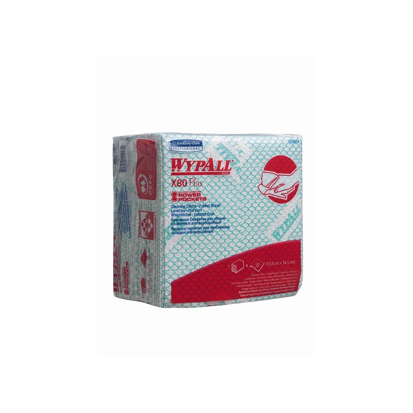 Eine Verpackung von WypAll® X80 Plus Critical Clean Viertelgefaltet in Grün der Kimberly-Clark GmbH ist aufrecht abgebildet. Sie besteht aus einer vorwiegend weißen Verpackung mit roten und blauen Grafiken, darunter eine Abbildung von Händen, die eine Oberfläche reinigen.