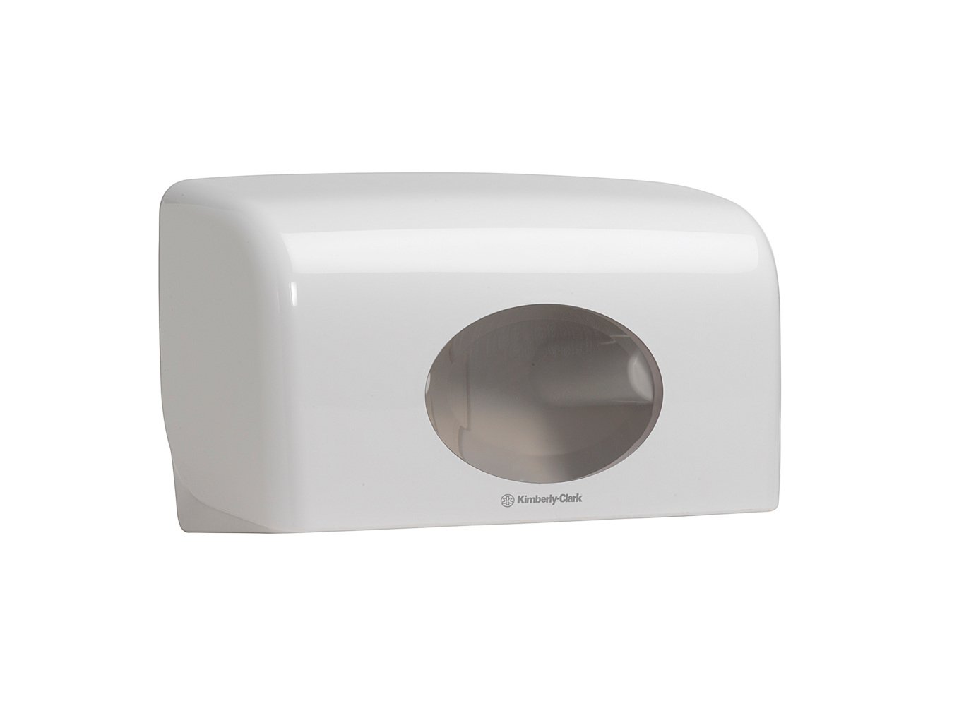 Der Aquarius™ Toilettenpapierspender für Kleinrollen von Kimberly-Clark GmbH ist ein weißer Kunststoffhalter (18,00 cm x 29,80 cm x 12,80 cm) mit einem transparenten, runden Fenster und dem Kimberly-Clark-Logo, perfekt für kleine Toilettenpapierrollen.