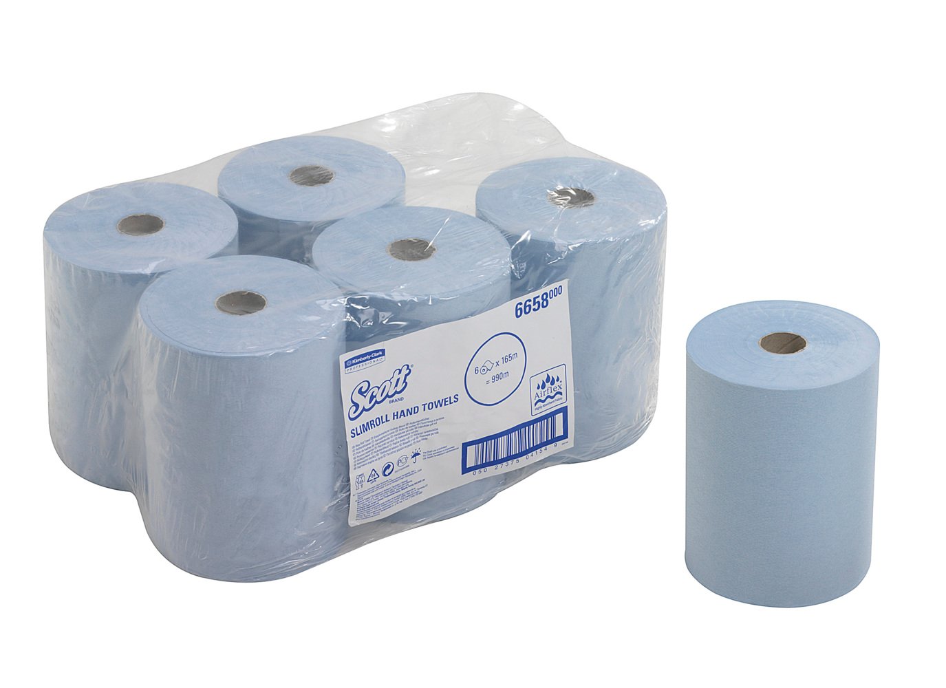 Abgebildet ist eine in Kunststoff verpackte Packung mit sechs blauen Scott® Slimroll™ Handtüchern der Kimberly-Clark GmbH, mit einer zusätzlichen Rolle auf der rechten Seite. Das Etikett enthält Produktangaben zu dieser platzsparenden Handtuchlösung.
