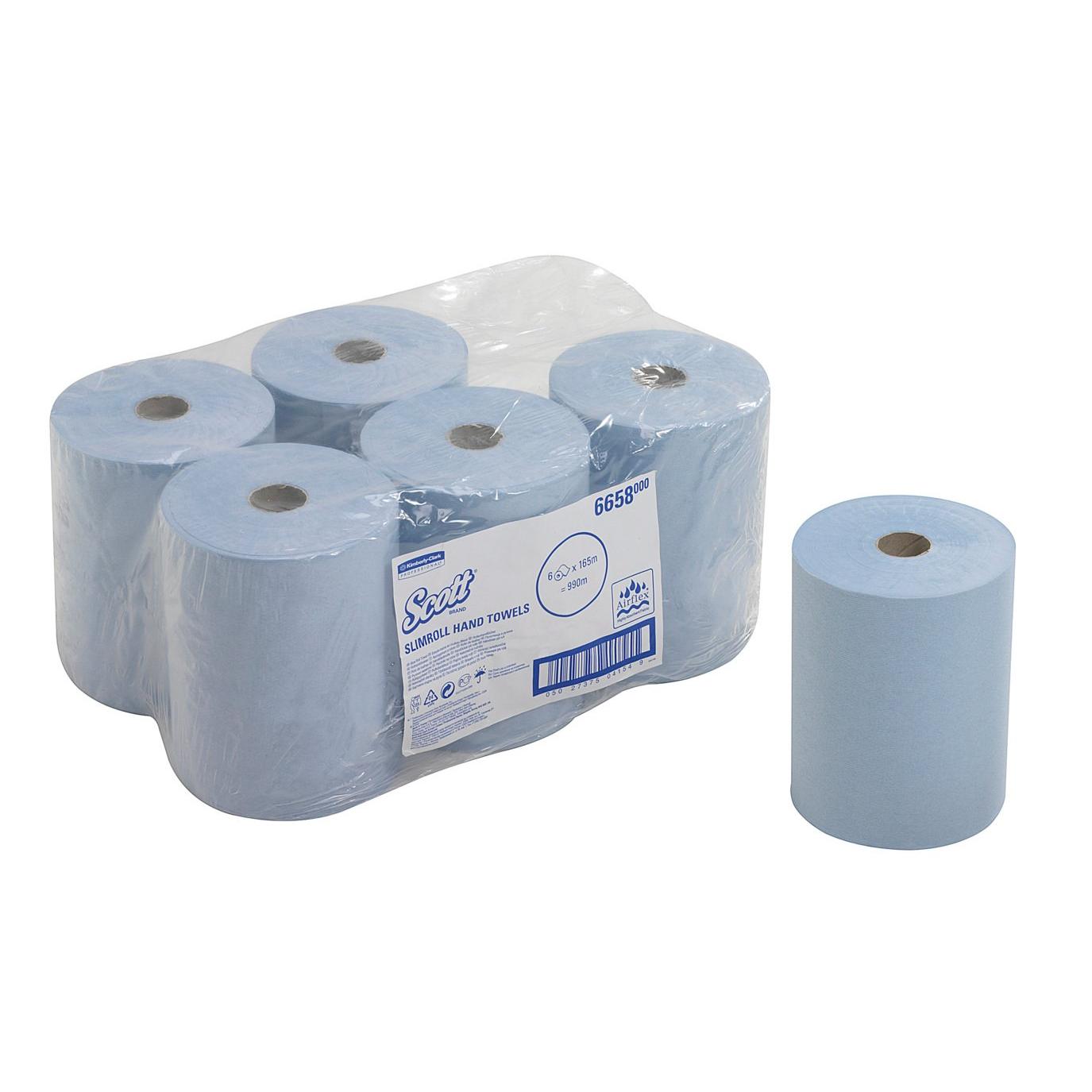 Abgebildet ist eine in Kunststoff verpackte Packung mit sechs blauen Scott® Slimroll™ Handtüchern der Kimberly-Clark GmbH, mit einer zusätzlichen Rolle auf der rechten Seite. Das Etikett enthält Produktangaben zu dieser platzsparenden Handtuchlösung.