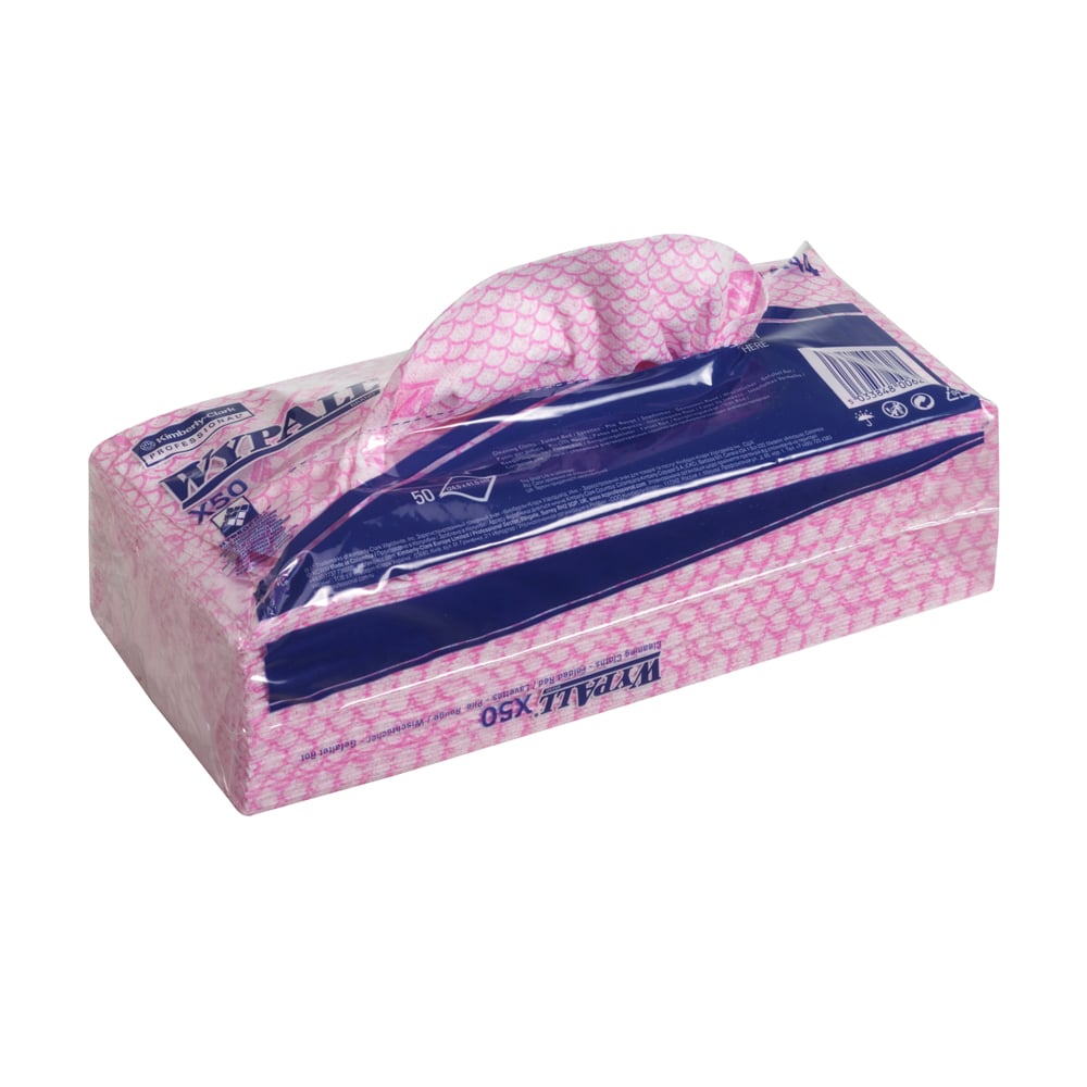 Eine rechteckige Kimberly-Clark GmbH WypAll® X50 Wischtücher - Interfold Box (41,80x24,70 cm), rosa-weiß gemustert mit blauem Etikett, ist ideal für die industrielle Reinigung und spendet ein Einweg-Wischtuch aus der oberen Öffnung.