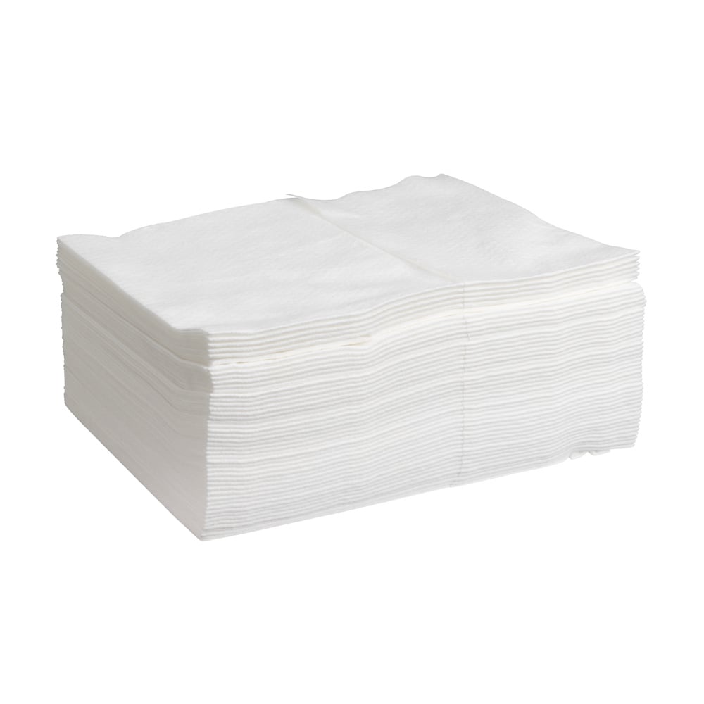 Kimberly-Clark GmbH Kimtech® Saugfähige Pflegetücher, weiß, Z gefaltet, 16 Beutel à 50 Tücher/Karton, sind ordentlich vor weißem Hintergrund arrangiert - perfekt für den professionellen Einsatz.