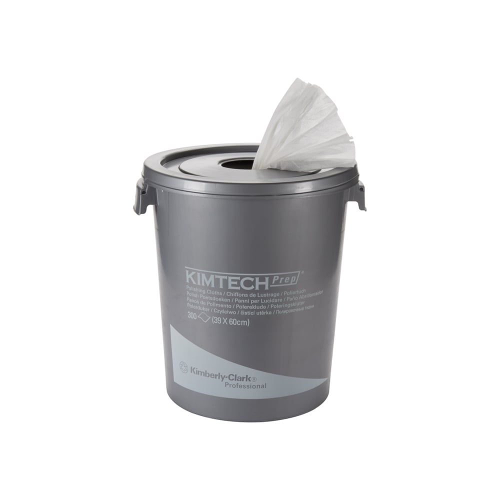 Der "Kimtech® Poliertücher" Spendereimer der Kimberly-Clark GmbH aus weißem Kunststoff hat einen runden Deckel, aus dem ein einzelnes Wischtuch herausragt. Der Eimer enthält 300 Blatt für eine effektive Oberflächenreinigung.