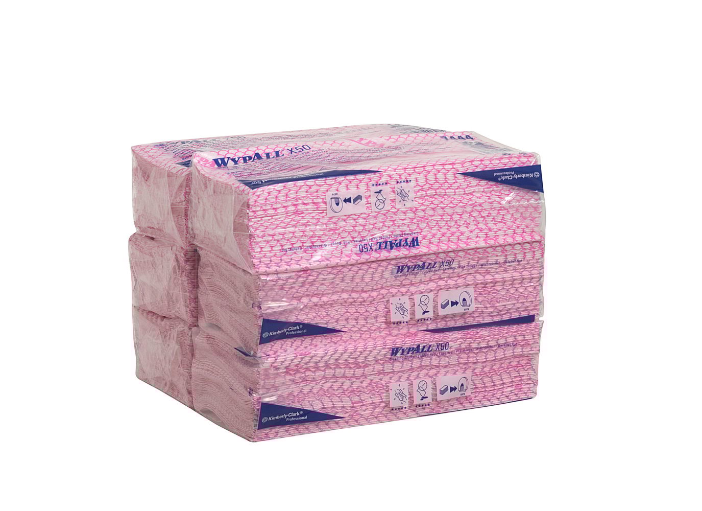 Ein Stapel von sechs Packungen WypAll® X50 Wischtücher - Interfold (41,80 cm x 24,70 cm) von Kimberly-Clark GmbH in einer rosafarbenen Kunststoffverpackung mit deutlich sichtbarem Branding und Symbolen auf der Außenseite, für die industrielle Reinigung.