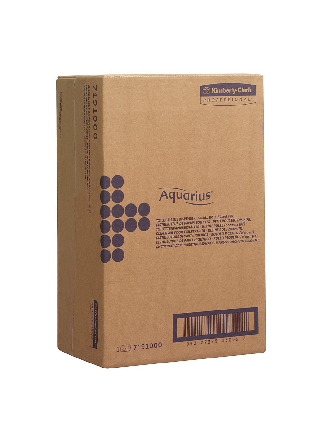 Eine braune Pappschachtel mit der Aufschrift "Aquarius™ Toilet Tissue Spender - Kleinrollen" der Kimberly-Clark GmbH (18 x 29,8 x 12,8 cm) steht aufrecht und ist mit schwarzem Text und Grafiken auf weißem Hintergrund versehen.