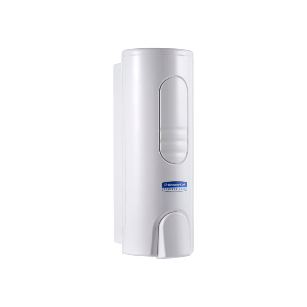 Der Kimberly-Clark GmbH Professional™ Spender für Luxuriöse Schaumseife (weiß, 200ml) mit Schubhebel und blauem Etikett ist ideal für moderne Waschräume; hier als einzelner Wandspender vor weißem Hintergrund abgebildet.