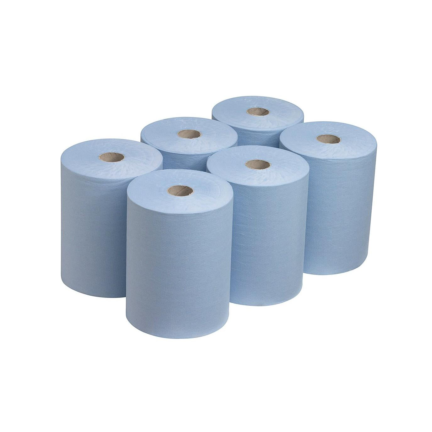 Sechs Scott® Slimroll™ Handtücher von Kimberly-Clark GmbH sind in zwei Reihen auf weißem Hintergrund angeordnet. Jede Rolle hat einen sichtbaren Kartonkern und bietet eine platzsparende Lösung für den industriellen Gebrauch.