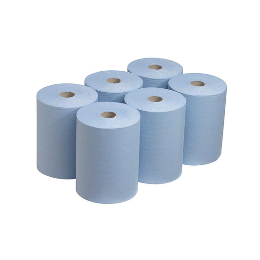 Sechs Scott® Slimroll™ Handtücher von Kimberly-Clark GmbH sind in zwei Reihen auf weißem Hintergrund angeordnet. Jede Rolle hat einen sichtbaren Kartonkern und bietet eine platzsparende Lösung für den industriellen Gebrauch.