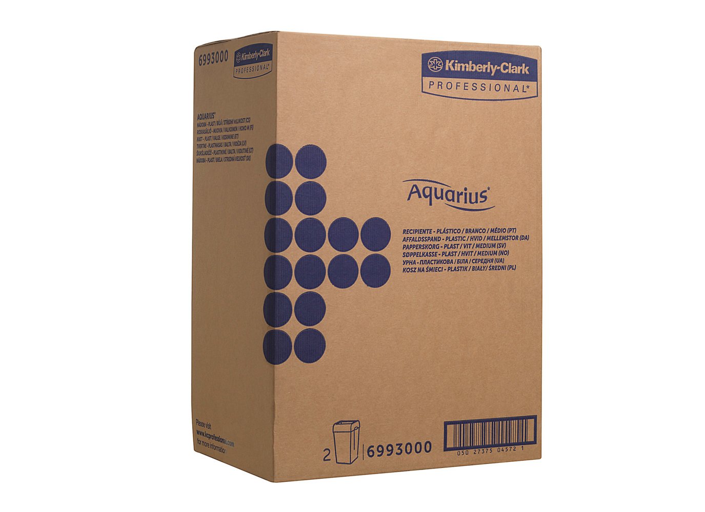 Ein großer weißer Kunststoffkarton Aquarius™ Abfallbehälter (mittel) von Kimberly-Clark GmbH, beschriftet mit blauen Grafiken und Details, enthält 2 Abfallkörbe pro Karton.