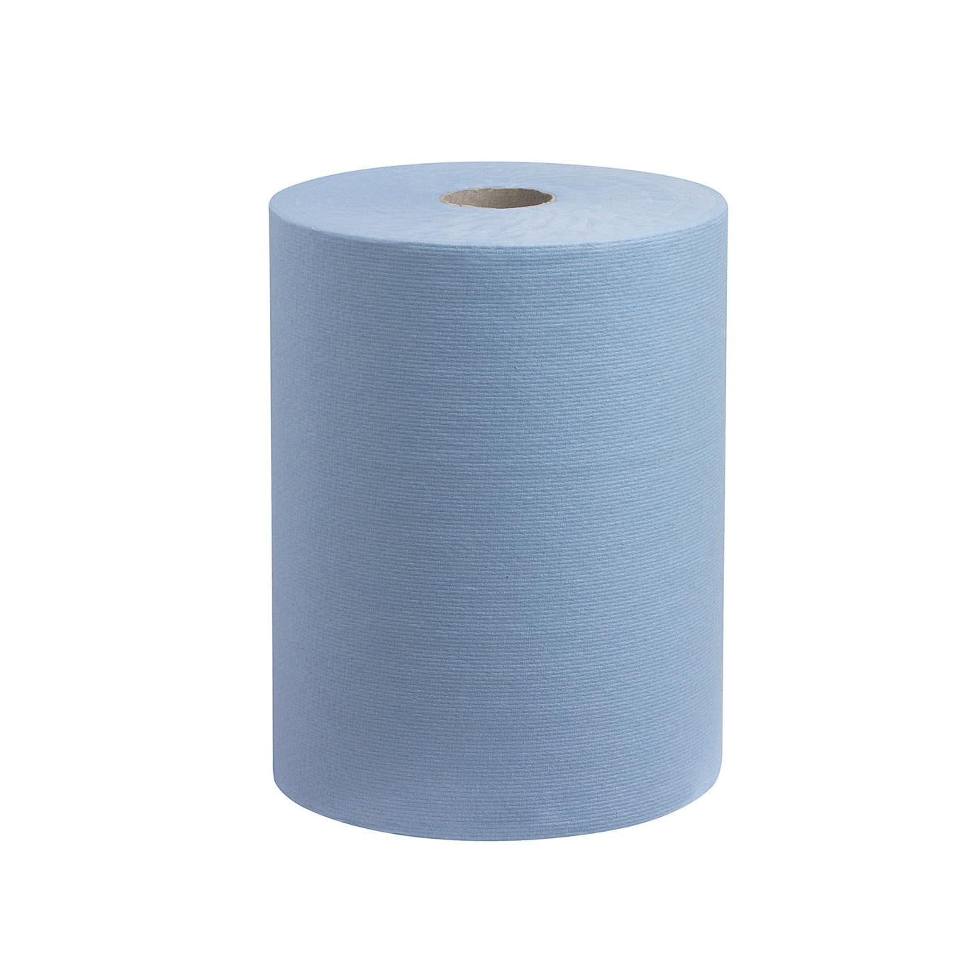 Eine große Rolle saugfähige Papierhandtücher mit sichtbarem Kern von Kimberly-Clark GmbH, stehend auf weißem Hintergrund-ideal als platzsparende Handtuchlösung wie die Scott® Slimroll™ Handtücher.