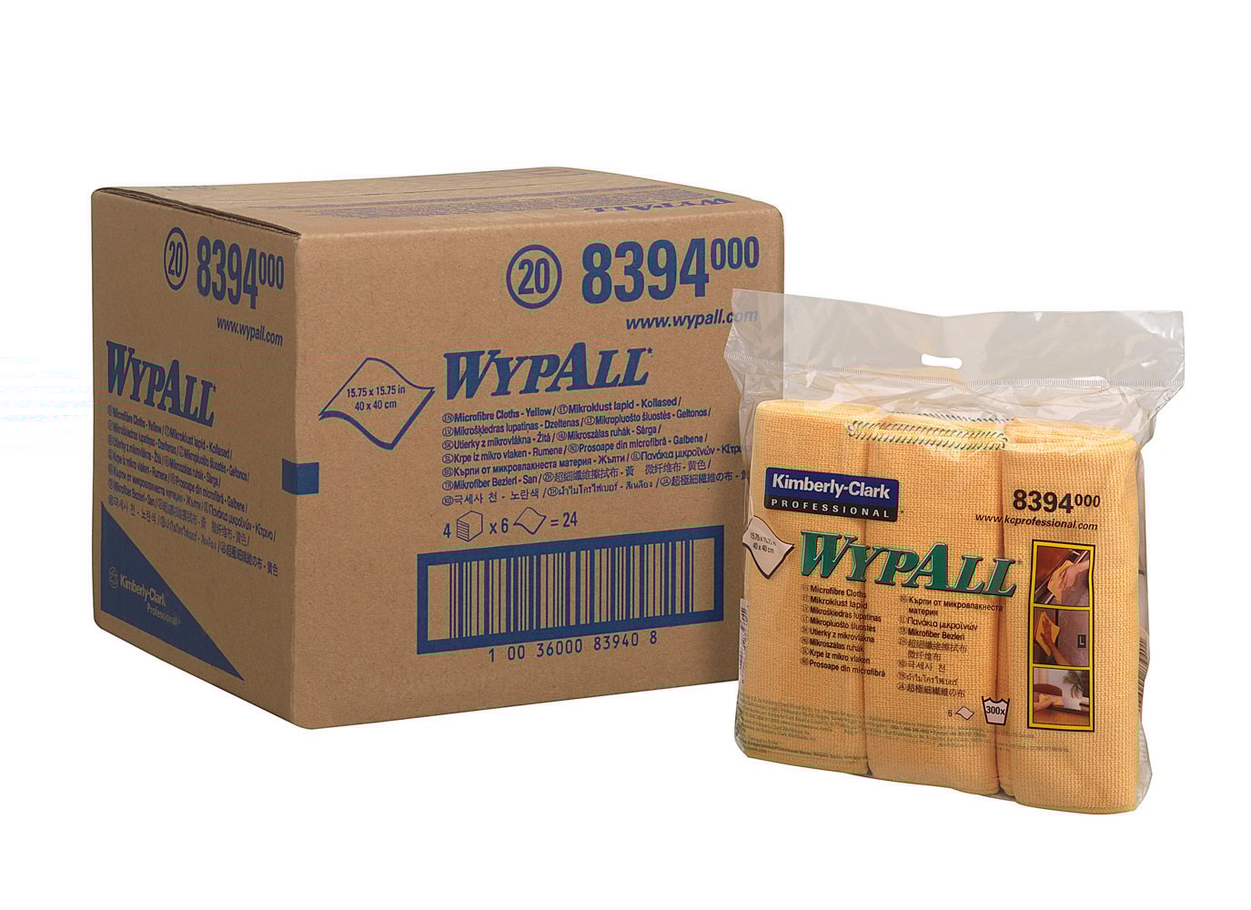 Ein Karton mit WypAll® Mikrofasertüchern - flaches Tuch (40 x 40 cm) der Kimberly-Clark GmbH steht neben einer Klarsichtverpackung mit gefalteten gelben Mikrofaser-Reinigungstüchern, beide mit Produktnummern und Markenzeichen versehen.