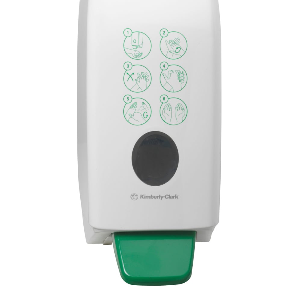 Der Aquarius™ Hand Moisturiser Dispenser der Kimberly-Clark GmbH ist ein weißes, 1 Liter fassendes Wandgerät mit einem grünen Druckhebel und einer schrittweisen Handpflegeanleitung (1-6) über einem kleinen dunklen Fenster auf der Vorderseite.