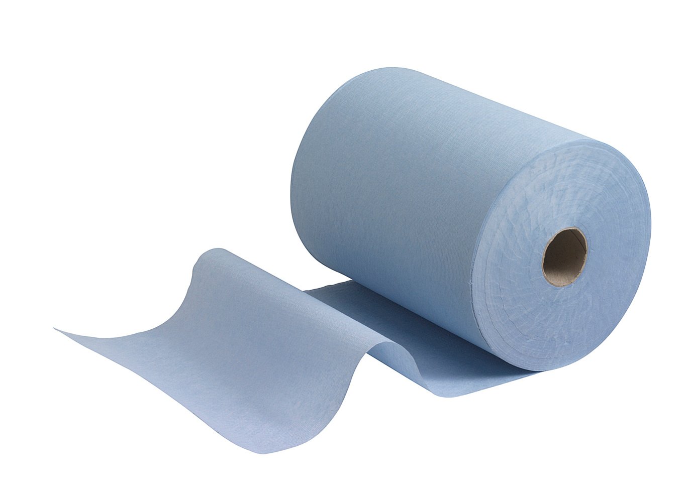 Die Scott® Slimroll™ Handtücher von Kimberly-Clark GmbH - eine blaue Industrie-Papierhandtuchrolle mit einem ausgerollten Blatt auf weißem Hintergrund - eignen sich ideal als platzsparende Handtuchlösung für die Ausgabe von saugfähigen Papierhandtüchern an stark frequentierten Arbeitsplätzen.