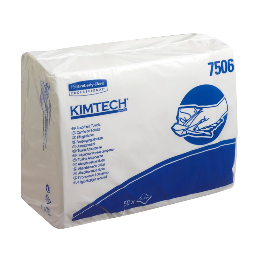 Eine versiegelte Packung Kimtech® Saugfähige Pflegetücher - Z gefaltet von Kimberly-Clark GmbH, in weiß mit mehrsprachiger Info und Handabbildung. Enthält 50 Tücher pro Beutel, ideal für den professionellen Einsatz. Geliefert als 16 Beutel (Karton).