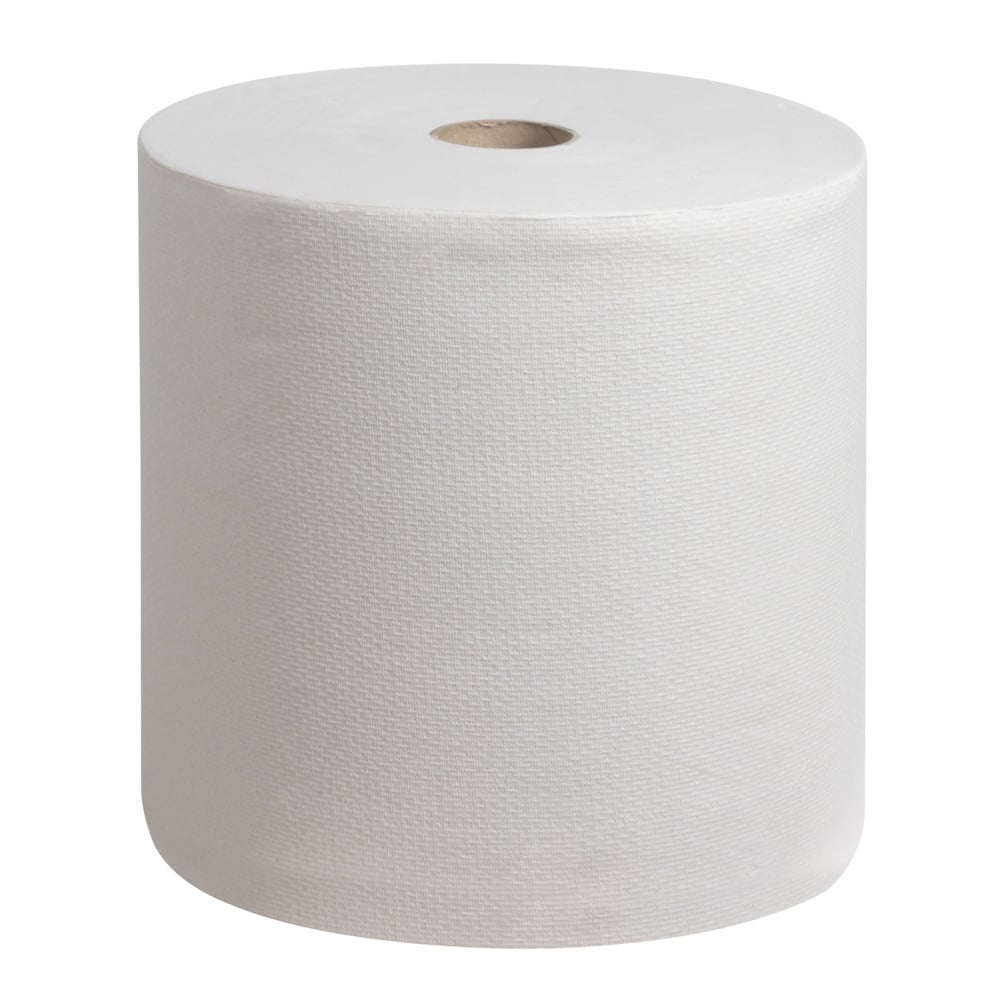 Eine große, weiße Scott® PERFORMANCE Handtuchrolle von Kimberly-Clark GmbH steht aufrecht auf einem unifarbenen Hintergrund - perfekt, um die Händehygiene auf umweltfreundliche Weise zu fördern. 6 Rollen pro Karton.