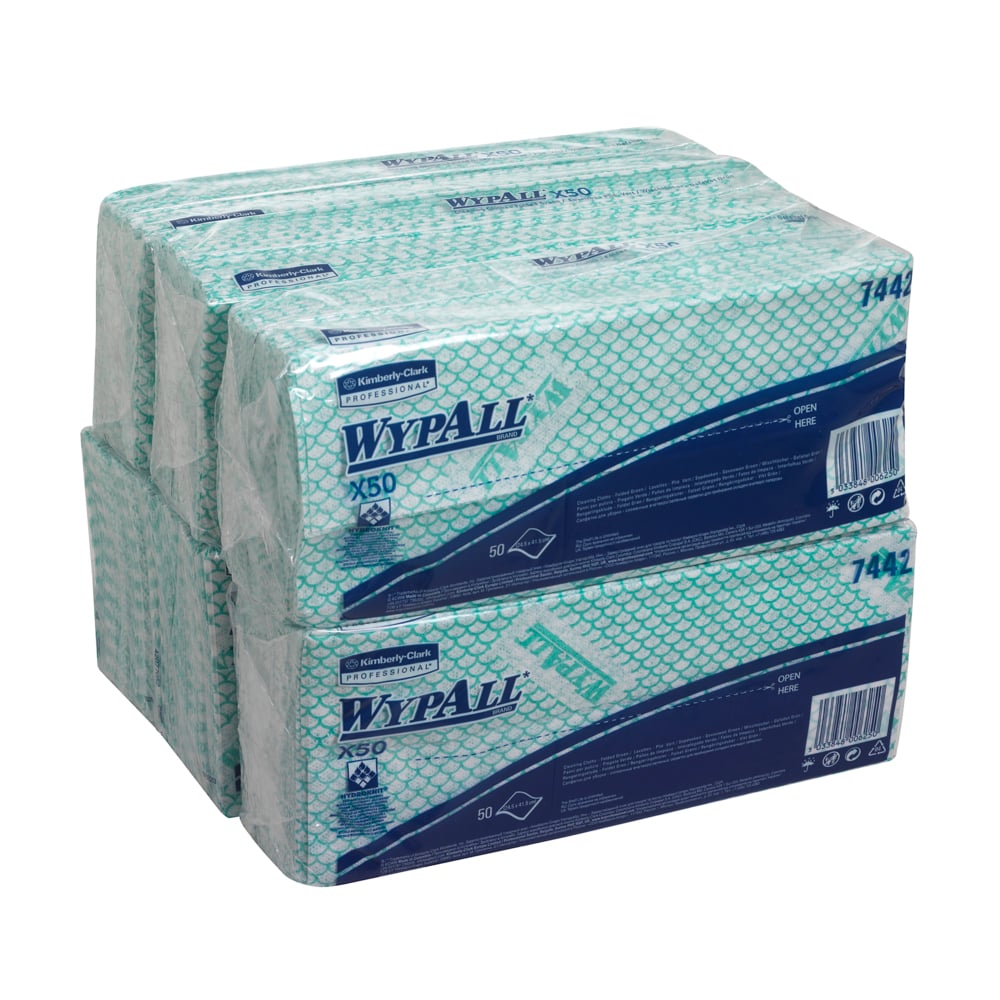 Die WypAll® X50 Critical Clean Interfold in Green von Kimberly-Clark GmbH wird in 6 Beuteln zu je 50 Blatt (Karton, 6 Beutel) geliefert, perfekt für die professionelle und umweltfreundliche Reinigung.