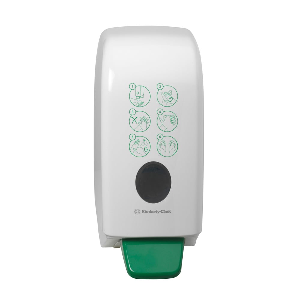 Der Aquarius™ Hand Moisturiser Dispenser von Kimberly-Clark GmbH ist ein weißes, wandmontiertes 1-Liter-Gerät mit einem grünen Druckhebel und sechs illustrierten Hygieneanweisungen auf der Vorderseite.
