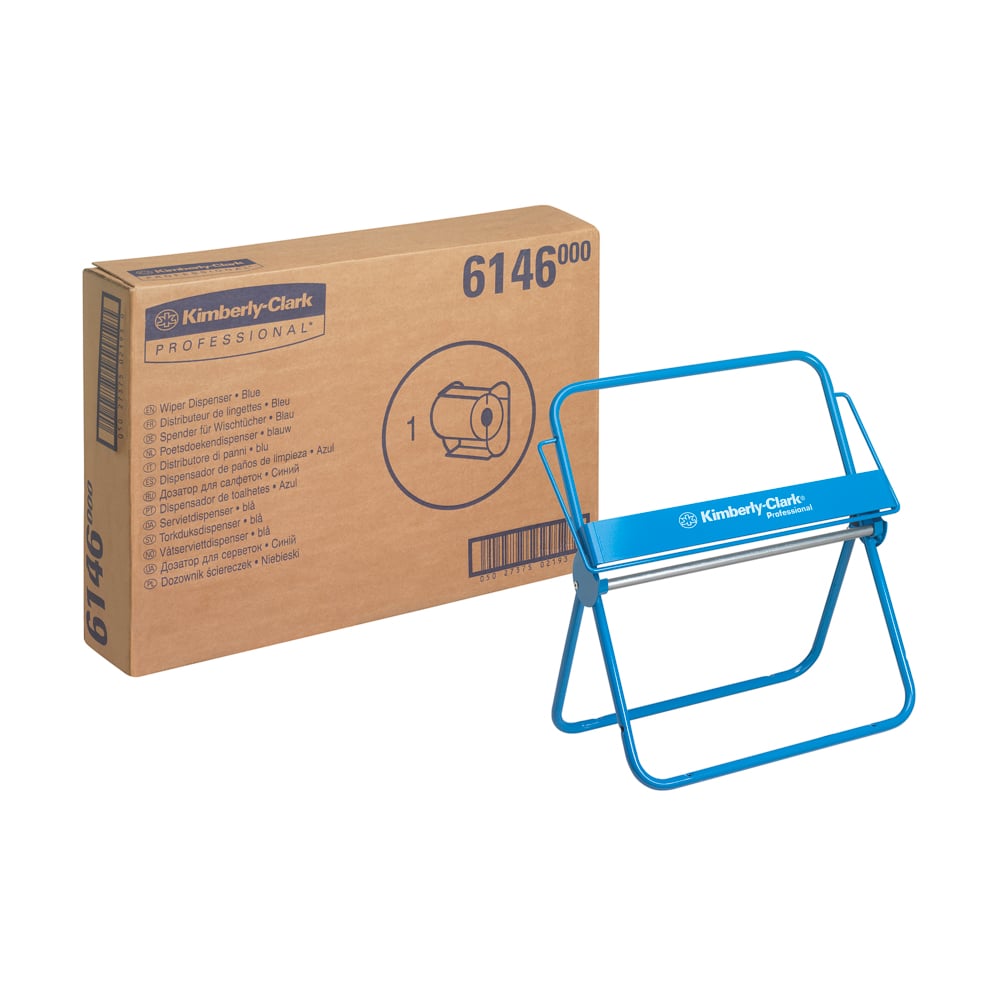 Eine Schachtel mit der Aufschrift "Kimberly-Clark Professional™ Wandhalter für Wischtuchrollen - Großrolle" der Kimberly-Clark GmbH steht neben ihrem blauen Spenderrahmen, beide vor einem weißen Hintergrund.