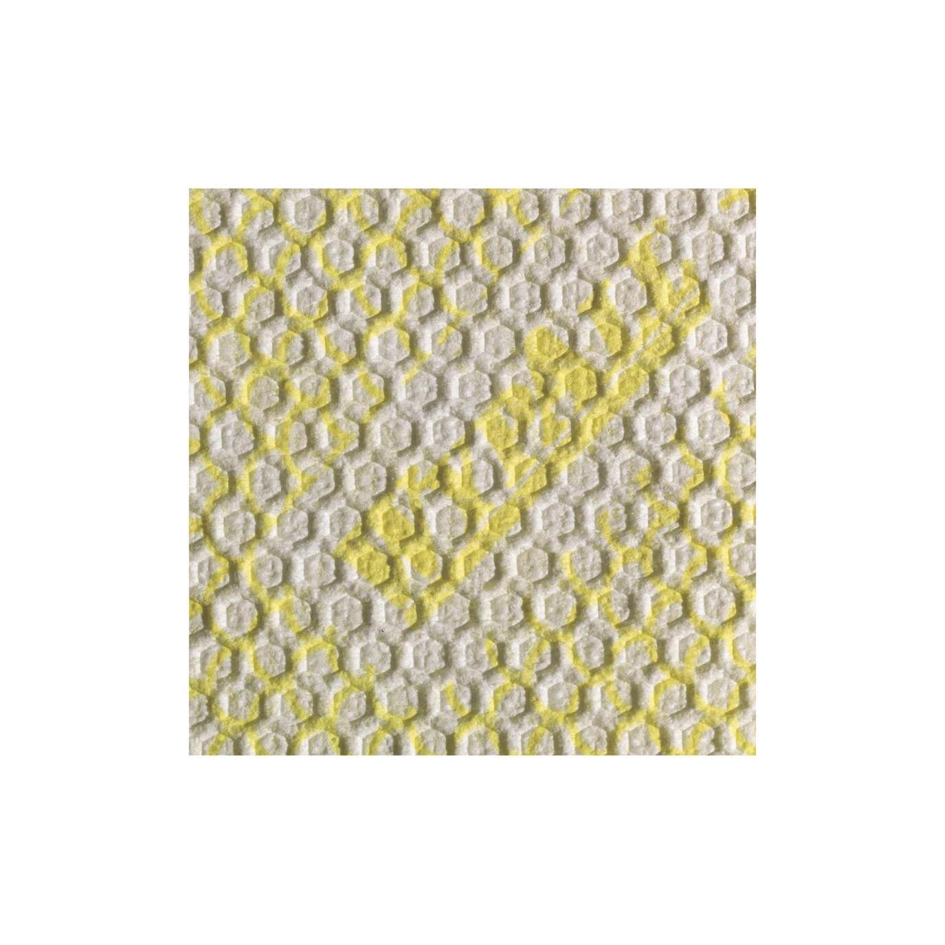 Eine Nahaufnahme einer weißen und gelben Oberfläche mit einem sich wiederholenden sechseckigen Muster und einem kräftigen gelben Diagonalstreifen, inspiriert von den langlebigen WypAll® X80 Plus Critical Clean Wischtüchern der Kimberly-Clark GmbH (Interfold / Gelb, 8 Beutel x 30 Blatt).