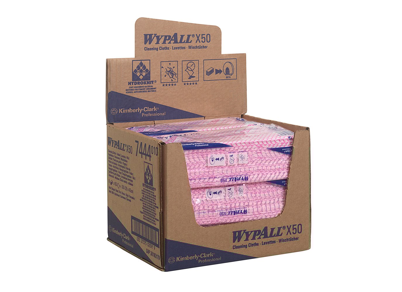 Ein brauner Displaykarton der Kimberly-Clark GmbH enthält WypAll® X50 Wischtücher Interfold (41,80 cm x 24,70 cm) in Pink, ideal für die industrielle Reinigung, mit blau-weißem Branding und horizontal gestapelten, einzeln verpackten Tüchern.