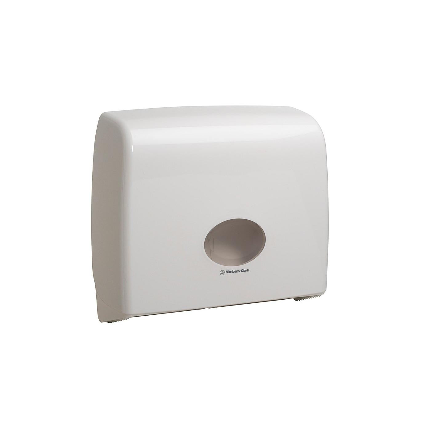 Der Kimberly-Clark Aquarius™ Toilettenpapierspender - Jumbo Non-Stop (Weiß) ist ein weißer Wandspender mit einer abgerundeten Oberseite und einer zentralen Öffnung, die eine hygienische Lösung darstellt. Das Kimberly-Clark-Logo befindet sich direkt unter der Öffnung. Einfarbig weißer Hintergrund.