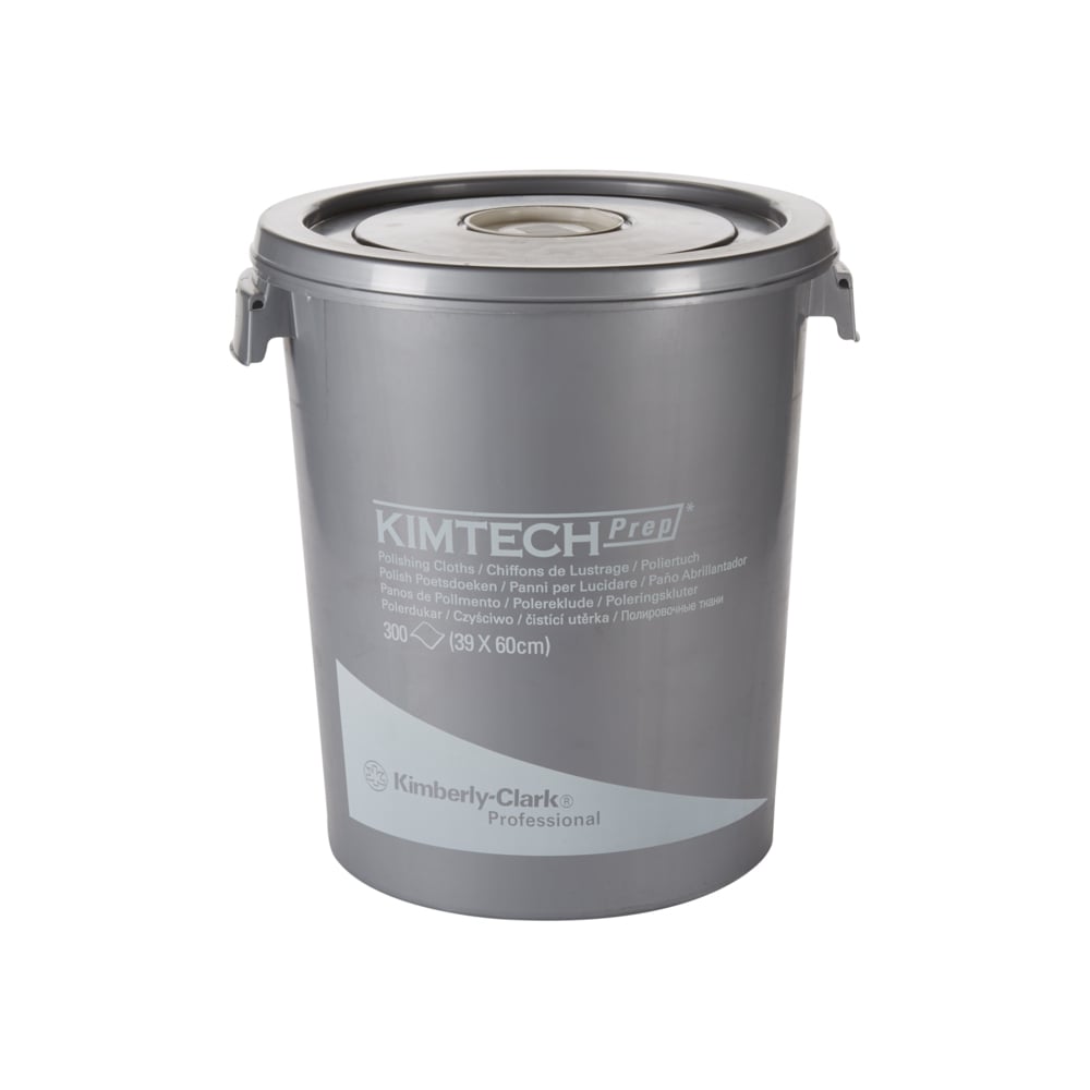 Ein weißer "Kimtech® Poliertücher" Spendereimer der Kimberly-Clark GmbH fasst 300 Blatt für die Oberflächenreinigung und ist mit seitlichen Griffen und einem versiegelten Deckel ausgestattet.