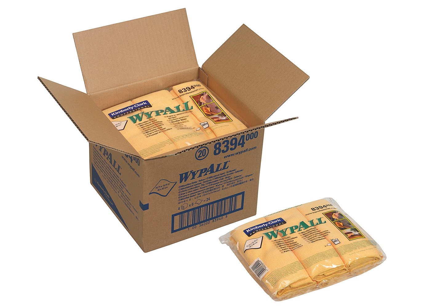 Ein offener Karton mit der Aufschrift "WypAll" enthält mehrere Packungen WypAll® Mikrofasertücher - flaches Tuch (40 x 40 cm) von Kimberly-Clark GmbH. Eine Packung liegt außen und zeigt deutlich ihre Verpackung und ihr Branding.