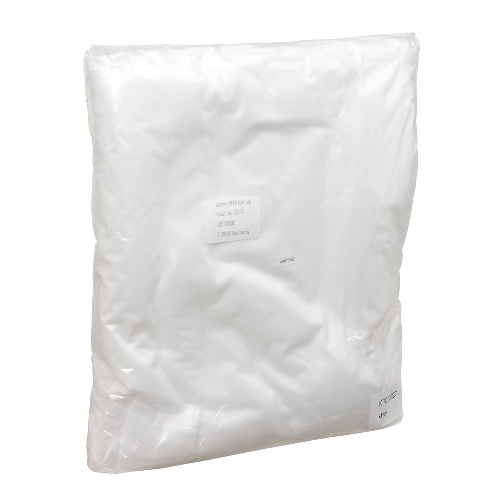 Ein durchsichtiger Plastikbeutel enthält ein gefaltetes Kimtech® Polyester Flachtuch (Weiß, Groß, 8x50 Blatt) der Kimberly-Clark GmbH. Ein kleines weißes Etikett ist sichtbar; die versiegelte Packung steht aufrecht vor einem weißen Hintergrund.