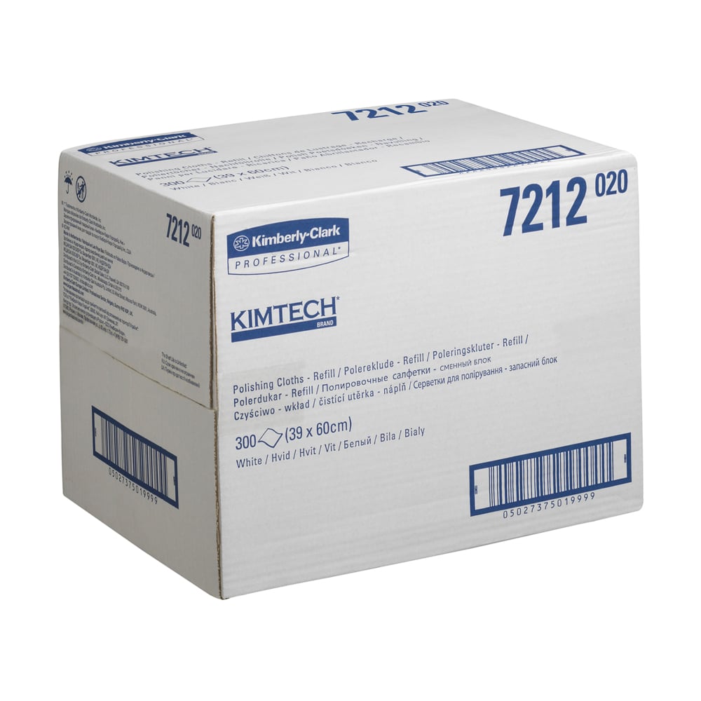 Ein weißer Karton mit der Aufschrift "Kimtech® Poliertücher - Nachfüllpack / Weiß", von Kimberly-Clark GmbH, enthält 1 Nachfüllpack mit 300 Blatt (39 x 60 cm), mit mehrsprachigem Text und Barcode auf dem Karton.