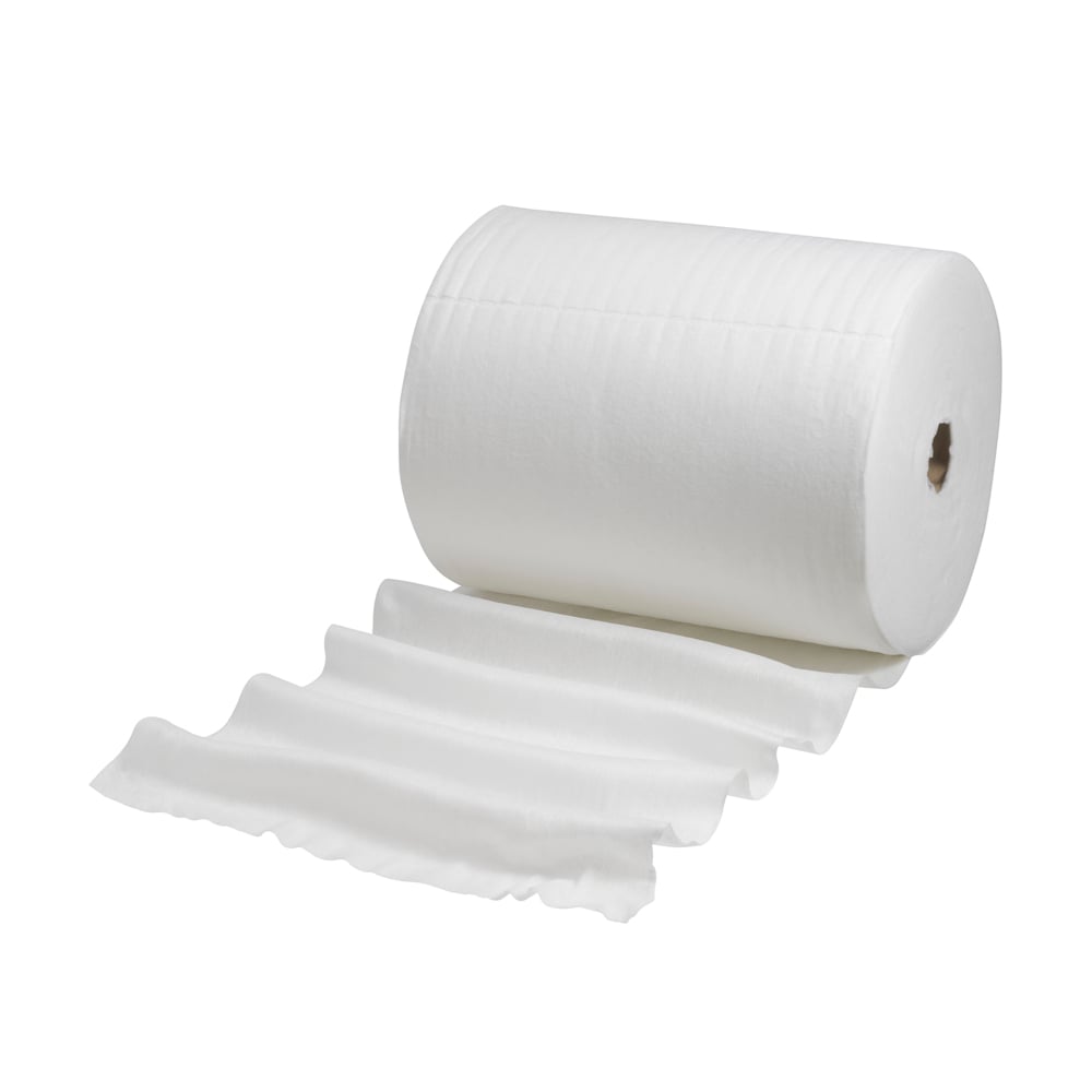 Eine große Rolle Kimtech® Poliertücher (Weiß, 1 Nachfüllpackung x 300 Blatt) der Kimberly-Clark GmbH ist teilweise abgerollt und zeigt einen gewellten Rand auf dem losen Blatt vor einem einfarbig weißen Hintergrund.
