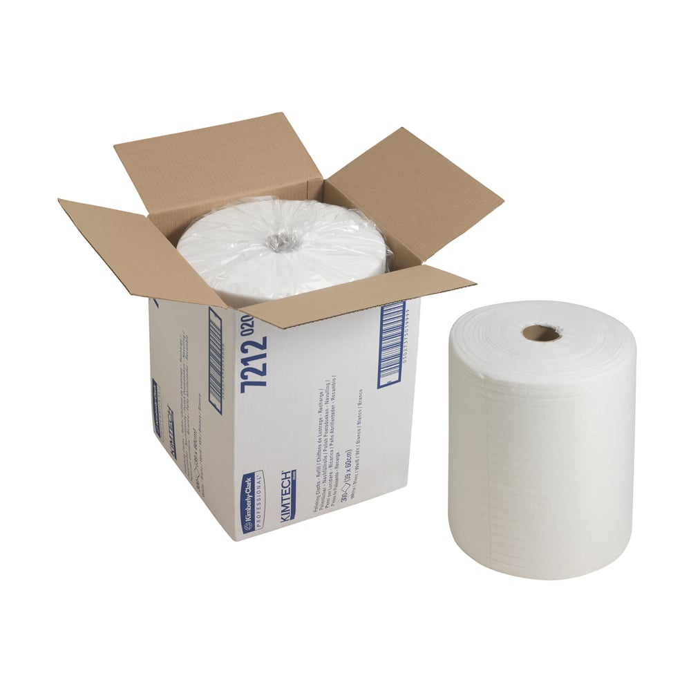 Eine große Rolle weißer Kimtech® Poliertücher der Kimberly-Clark GmbH liegt neben einem geöffneten Karton mit der Aufschrift 71212, der 1 Nachfüllpack mit 300 Blatt enthält - Kimtech® Poliertücher Nachfüllpack (Weiß) im Karton.
