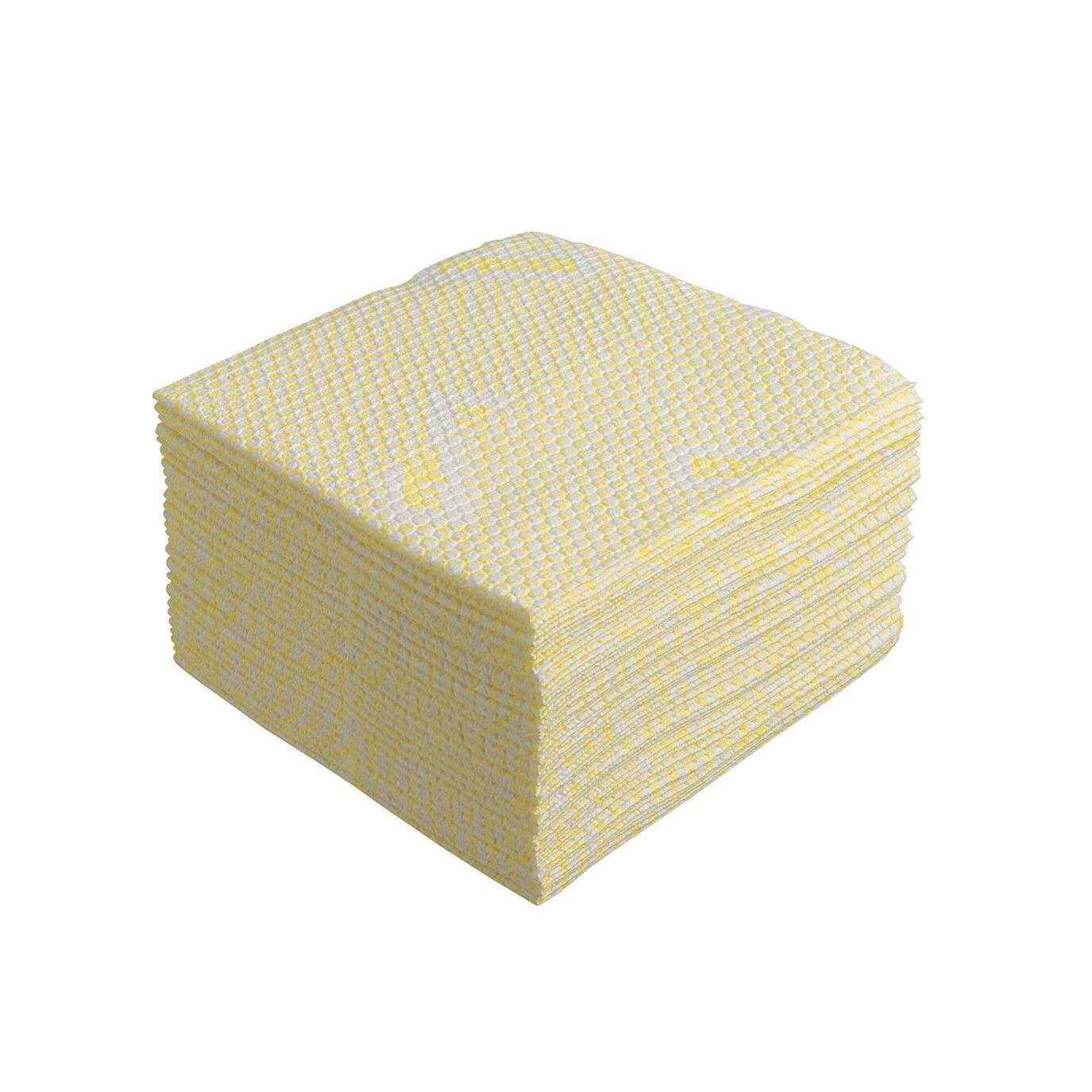 Ein Stapel WypAll® X80 Plus Critical Clean Interfold Reinigungstücher in Gelb von Kimberly-Clark GmbH, strukturiert und würfelförmig angeordnet, ideal für kritische Bereiche - 8 Beutel mit je 30 Tüchern im Karton.