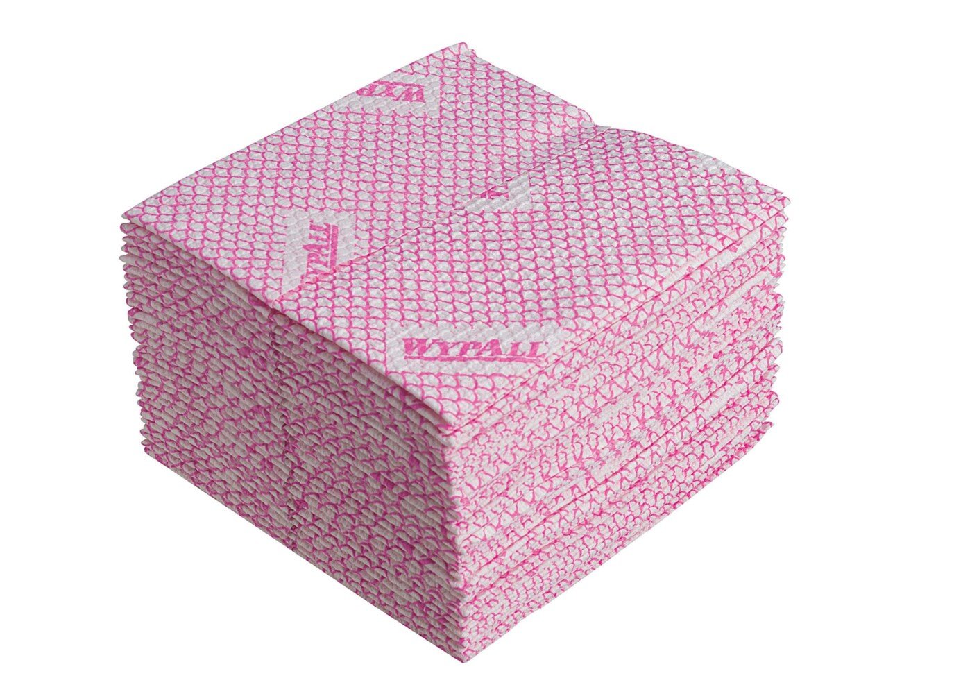 Ein Stapel WypAll® X80 Plus Critical Clean Reinigungstücher, rot und viertelgefaltet, von Kimberly-Clark GmbH ist gleichmäßig gestapelt. Die Tücher eignen sich ideal für kritische Reinigungsaufgaben dank ihrer strukturierten Oberfläche.
