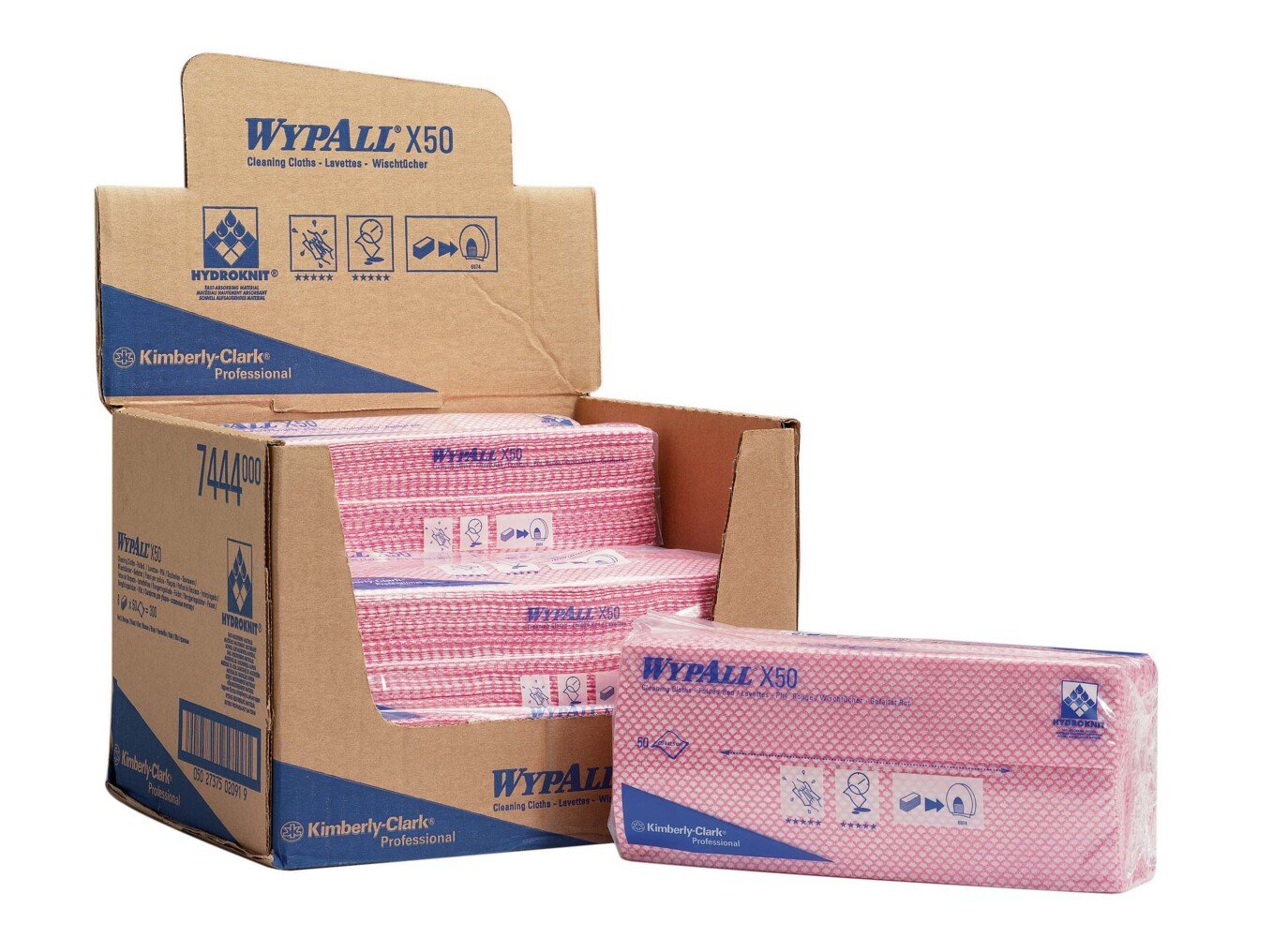 Ein Displaykarton der WypAll® X50 Wischtücher - Interfold (41,80 cm x 24,70 cm) von Kimberly-Clark GmbH mit sichtbarem Branding und Icons zeigt mehrere entnommene Packungen - ideal für industrielle oder alltägliche Reinigungsaufgaben.