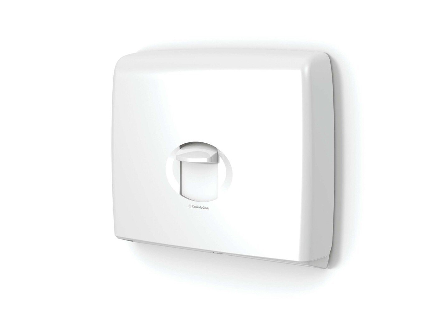 Der Aquarius™ Toilettensitzauflagenspender von Kimberly-Clark GmbH ist ein weißer, rechteckiger Wandspender mit zentraler Öffnung, ideal für öffentliche Toiletten zur Hygiene. 1 Spender pro Karton.