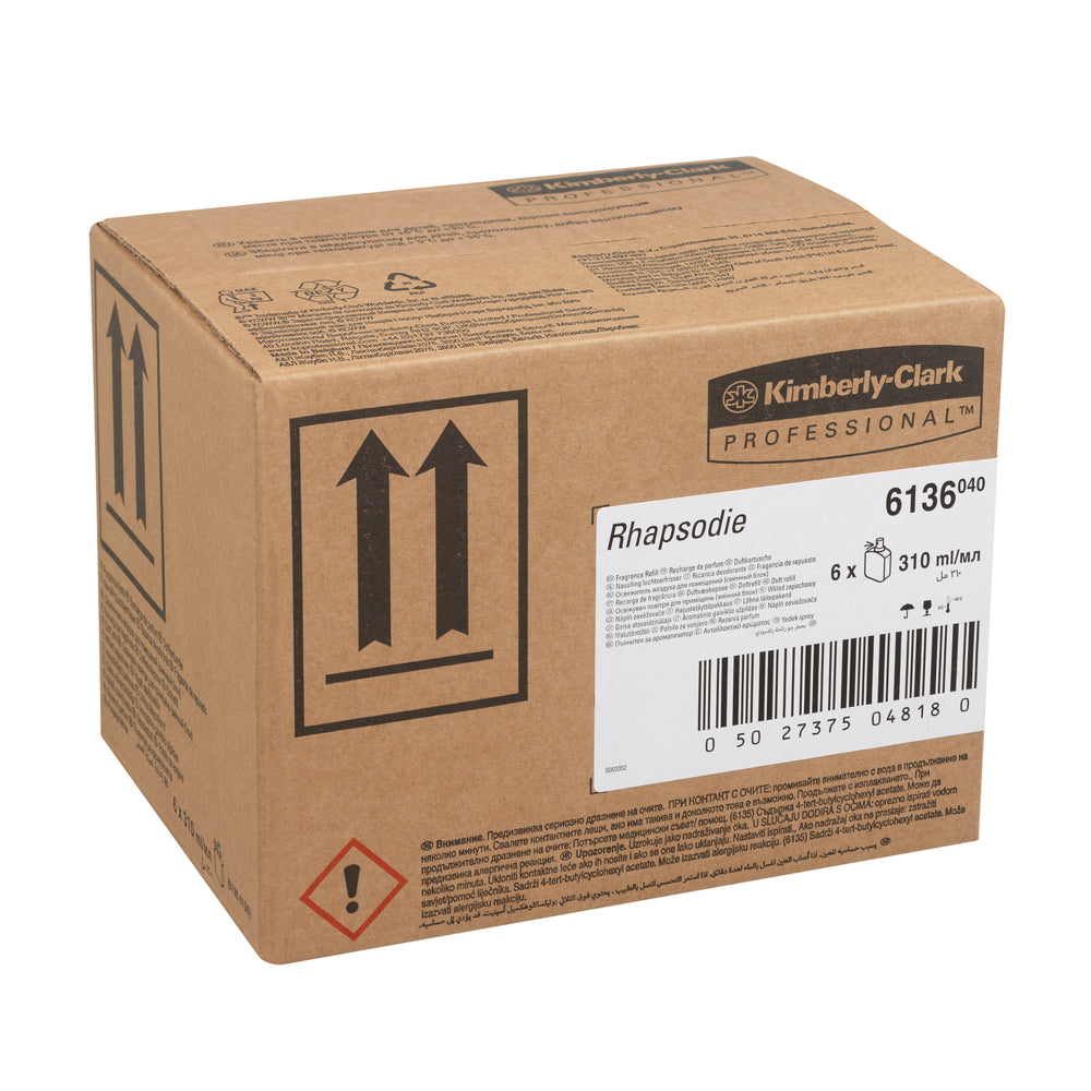 Eine braune Pappschachtel mit der Aufschrift "Kimberly-Clark Professional™ Duft RHAPSODIE - Nachfüllpack/Transparent/310 ml - 6 Kassetten" von Kimberly-Clark GmbH, ideal für Waschräume Lufterfrischer oder Toiletten Duftspender, mit Produktangaben und Warnsymbolen.