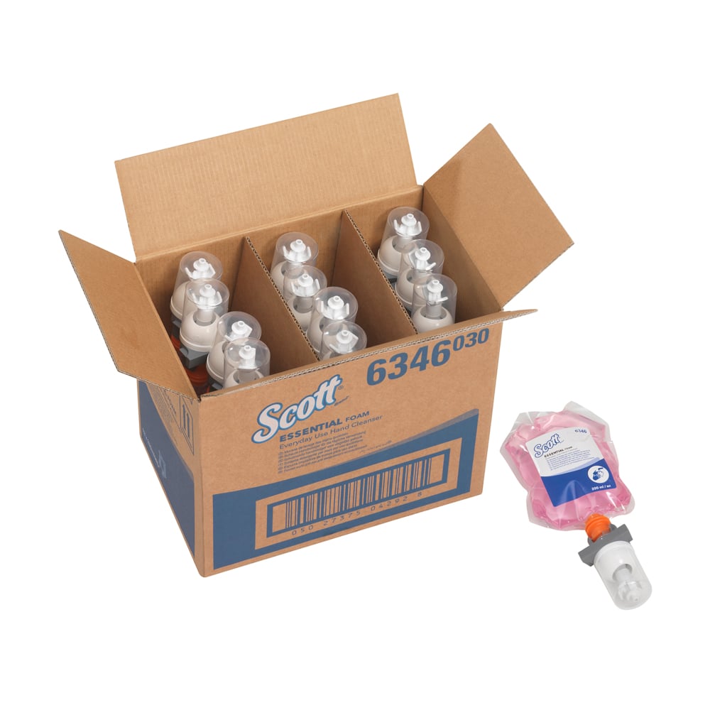 Ein Karton mit der Aufschrift "Scott® ESSENTIAL™ Schaumseife für die tägliche Verwendung" von Kimberly-Clark GmbH enthält 12 rosafarbene 200-ml-Seifenkassetten, wobei eine Nachfüllpackung außerhalb des Kartons abgebildet ist.