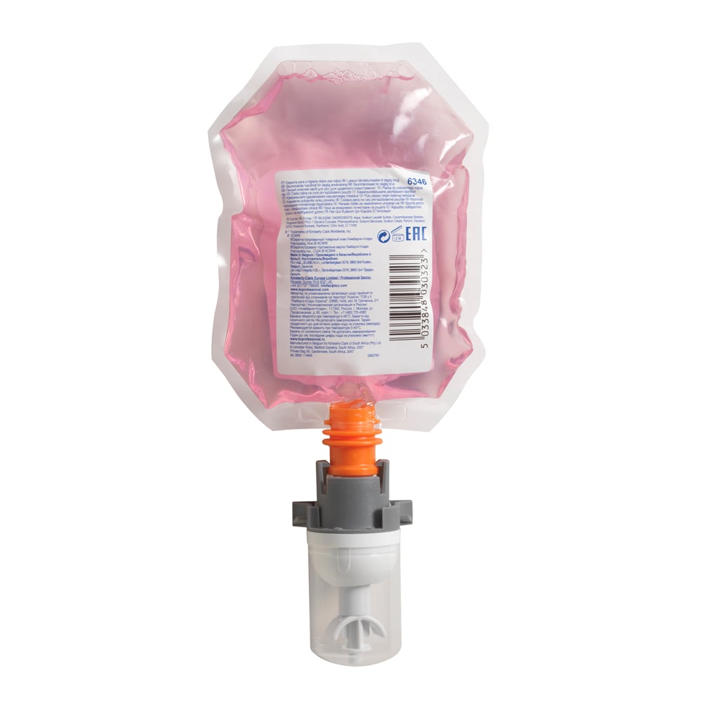 Ein pinkfarbener 200ml-Nachfüllbeutel mit einer unteren Kunststofftülle und weiß-blauem Etikett, zur Verwendung mit Scott® ESSENTIAL™ Schaumseife-Spendern. Verkauft als 12 Kassetten pro Karton von Kimberly-Clark GmbH.