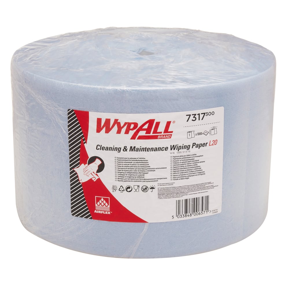 Das blaue WypAll® L20 Papierwischtuch für Instandhaltungsarbeiten, extra breit, kommt als Großrolle mit 1.000 Blatt von Kimberly-Clark GmbH - verpackt in Kunststoff mit Produktinfo - ideal für Wartungs- und Reinigungsarbeiten.