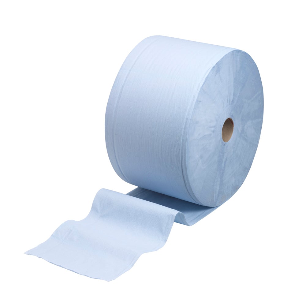 Die abgebildete WypAll® L30 Großrolle in Blau von Kimberly-Clark GmbH mit 750 Blatt ist ideal für industrielle Reinigungsaufgaben und überzeugt durch hohe Saugfähigkeit - präsentiert vor weißem Hintergrund.