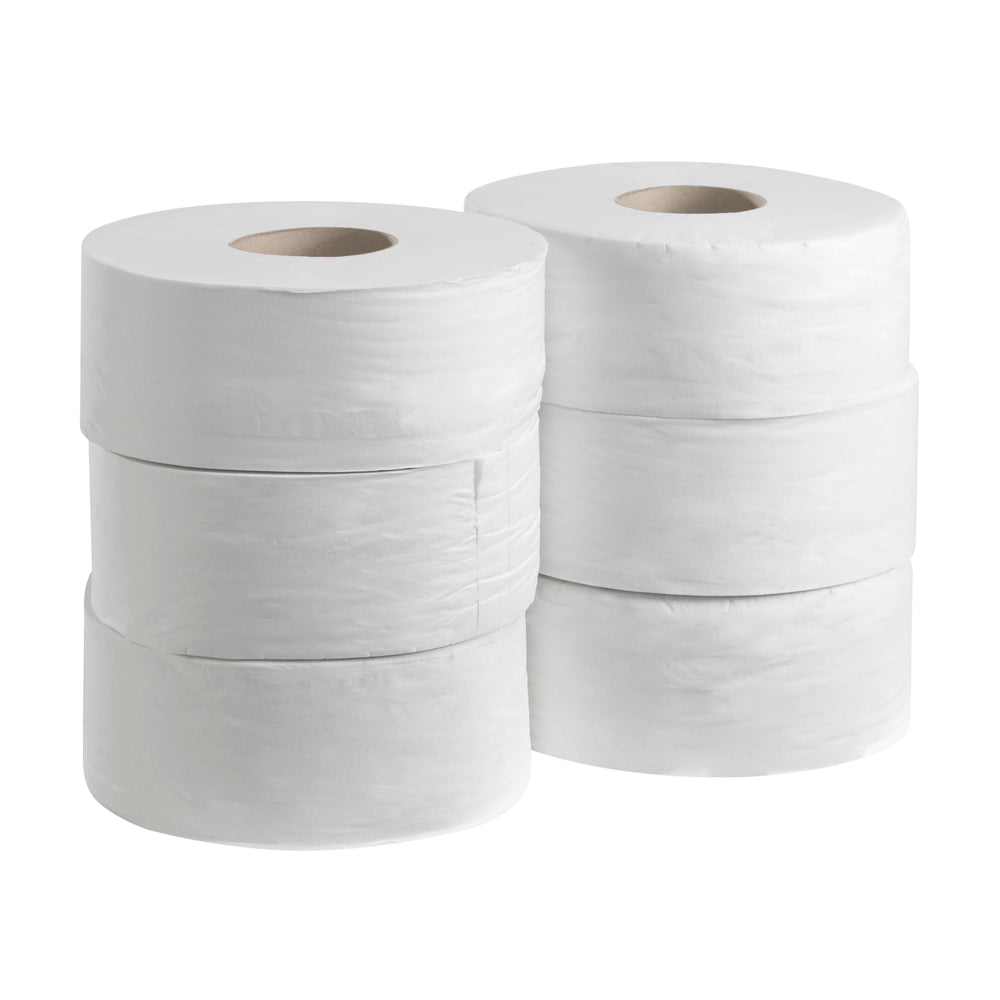 Sechs Kleenex® Großrolle Toilettenpapier (Weiß, 190mm, 500 Blatt) von Kimberly-Clark GmbH sind in zwei Dreierkolonnen gestapelt und heben das Premium-Tissue ideal für Haushalte oder Unternehmen mit hohem Publikumsverkehr hervor.