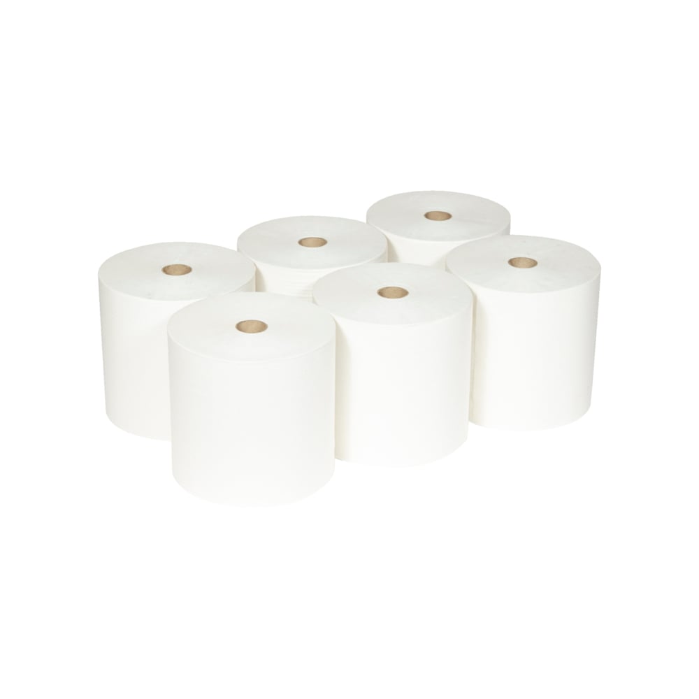 Six Scott® ESSENTIAL™ Handtuchrollen von Kimberly-Clark GmbH (weiß, 6 Rollen/Karton) sind in zwei Reihen zu je drei auf weißem Hintergrund angeordnet; jede Rolle zeigt einen sichtbaren Pappkern.