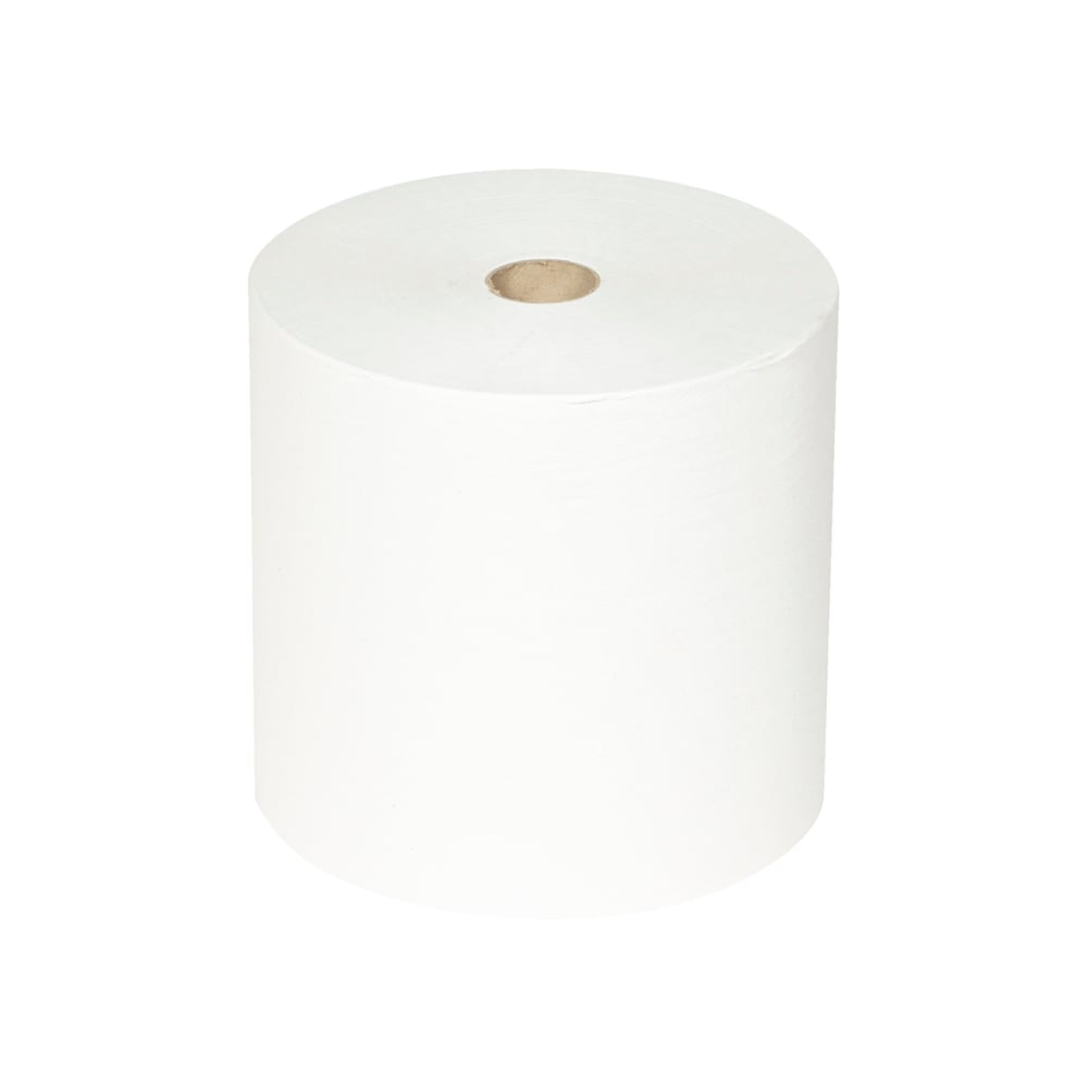 Eine einzelne große Scott® ESSENTIAL™ Handtücher Rolle von Kimberly-Clark GmbH, sichtbarer Pappkern, aufrecht stehend auf einfarbig weißem Hintergrund; aus der Packung 6 Rollen x 1 Blatt | Karton (6 Rollen).