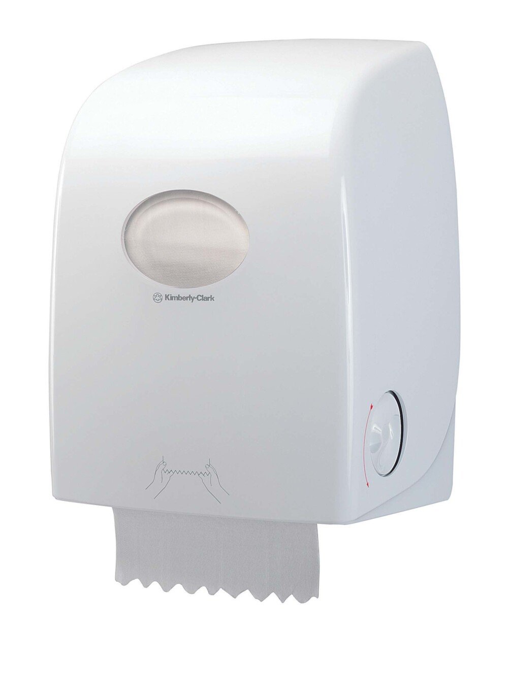 Der weiße, an der Wand montierte Scott® ESSENTIAL™ Handtuchspender der Kimberly-Clark GmbH verfügt über ein transparentes Fenster, das den Inhalt der Rolle zeigt, ein hervorstehendes Blatt und ein illustriertes Zugsymbol für eine einfache Handhabung.